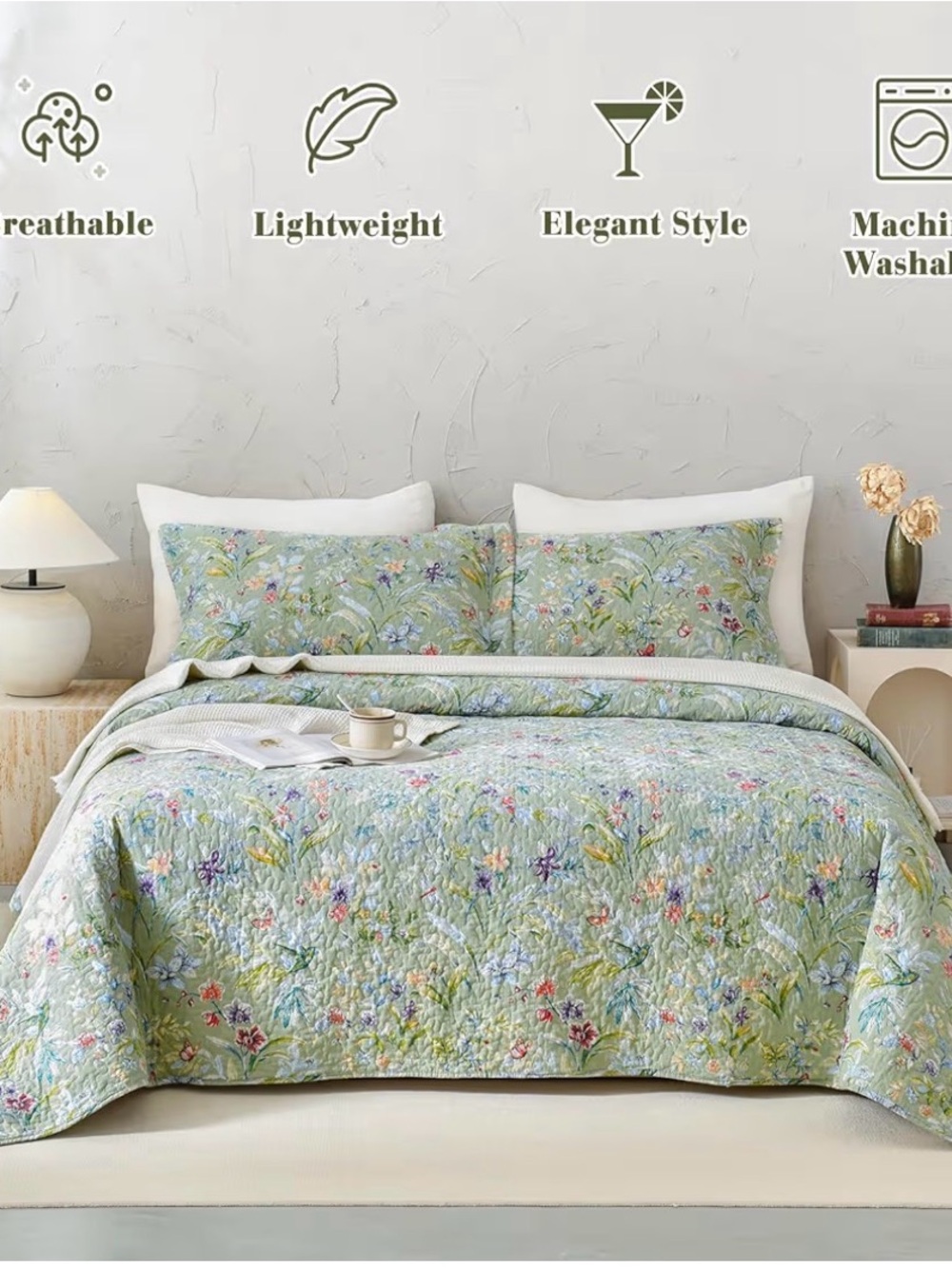 Floral Quilted Bedspread Set in Sage Green by QSH - Picture 2 of 6